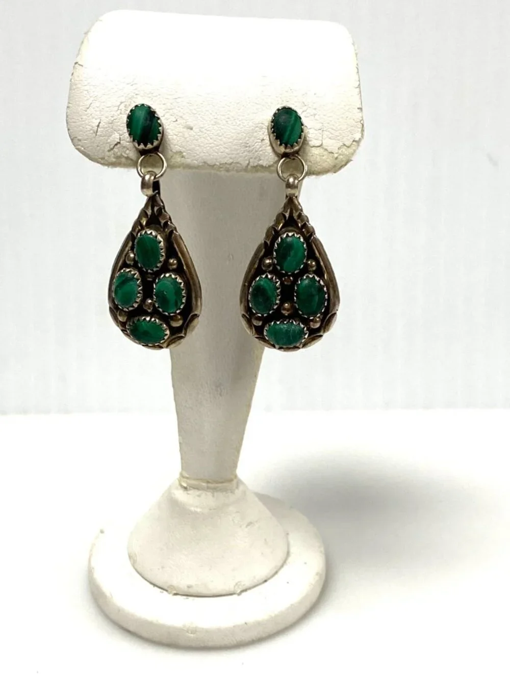m950 Vintage Sterling Silver Bezel-set Green Malachite Cabochons Dangle Earrings